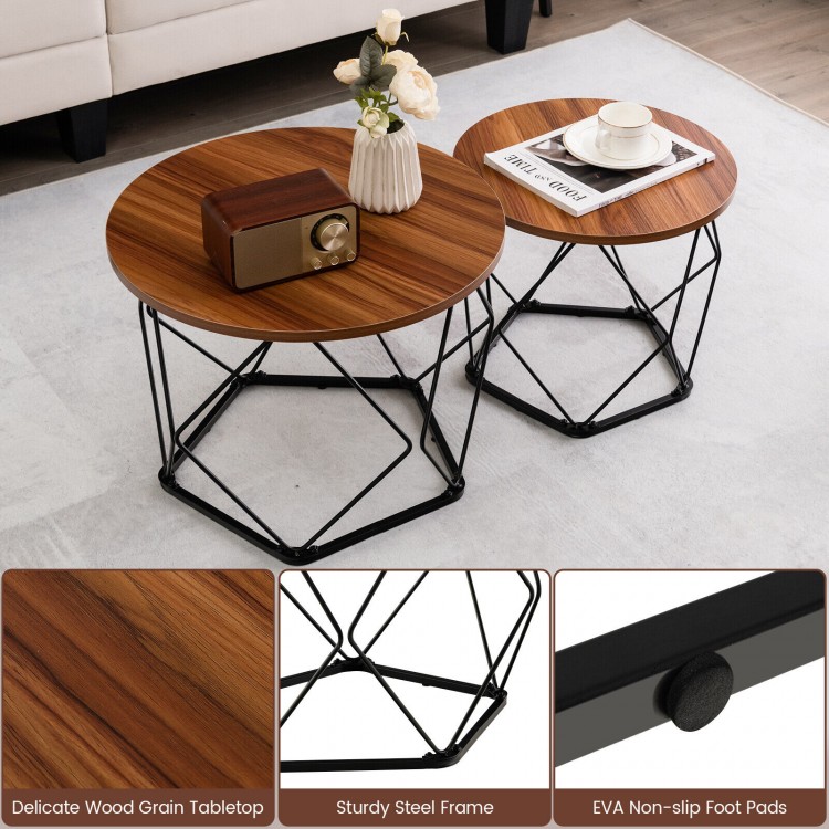 Set of 2 modern round coffee tables in rustic brown with pentagonal steel bases, ideal for versatile use in any space.